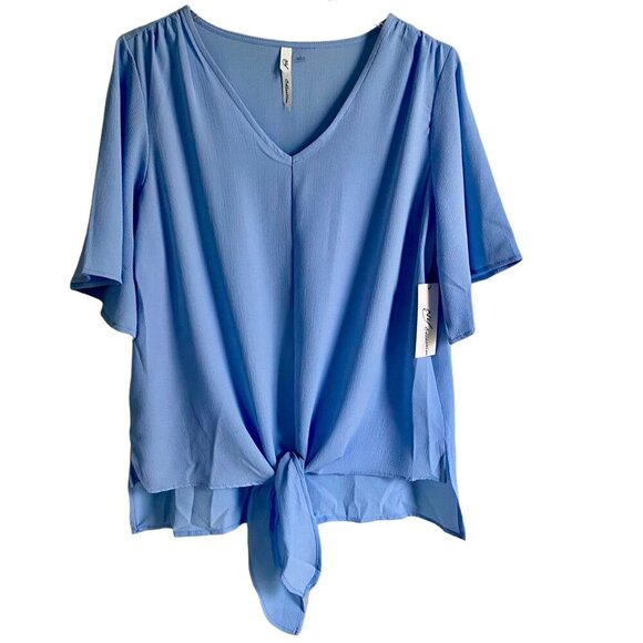 NY Collection Women's Elbow Sleeve V Neck Tie Front Blue Top Large NEW NWT - Picture 1 of 11